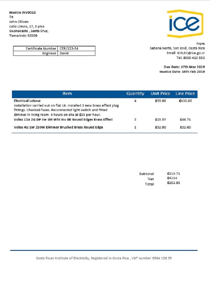 Costa Rica Costa Rican Institute of Electricity utility bill